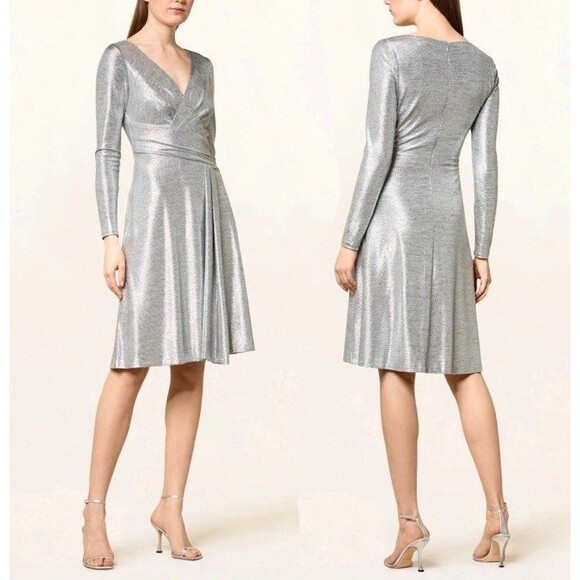 NWT Ralph Lauren Sz 14 Long Sleeve Cocktail Dress Metallic Silver Gray Faux Wrap - Picture 1 of 10